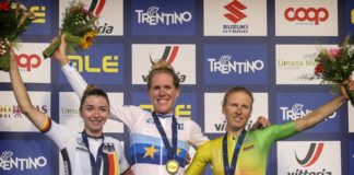 Ellen van Dijk, Liane Lippert, Rasa Leleivytė – pódium silničního závodu žen na mistrovství Evropy 2021